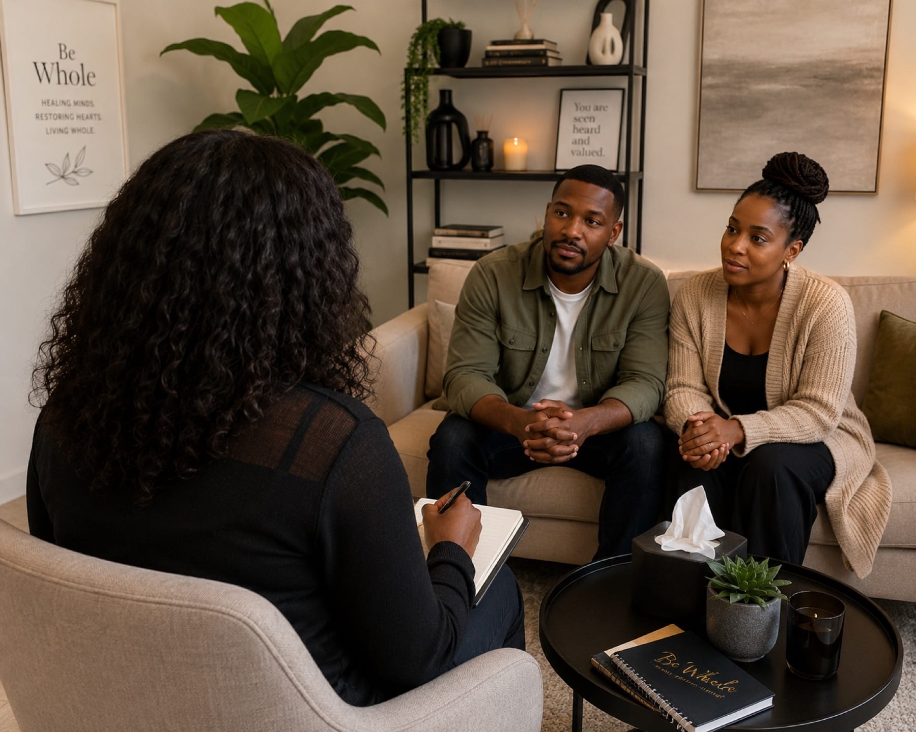 A couple sitting together on a sofa in a Be Whole Care consulting room, speaking with a practitioner.