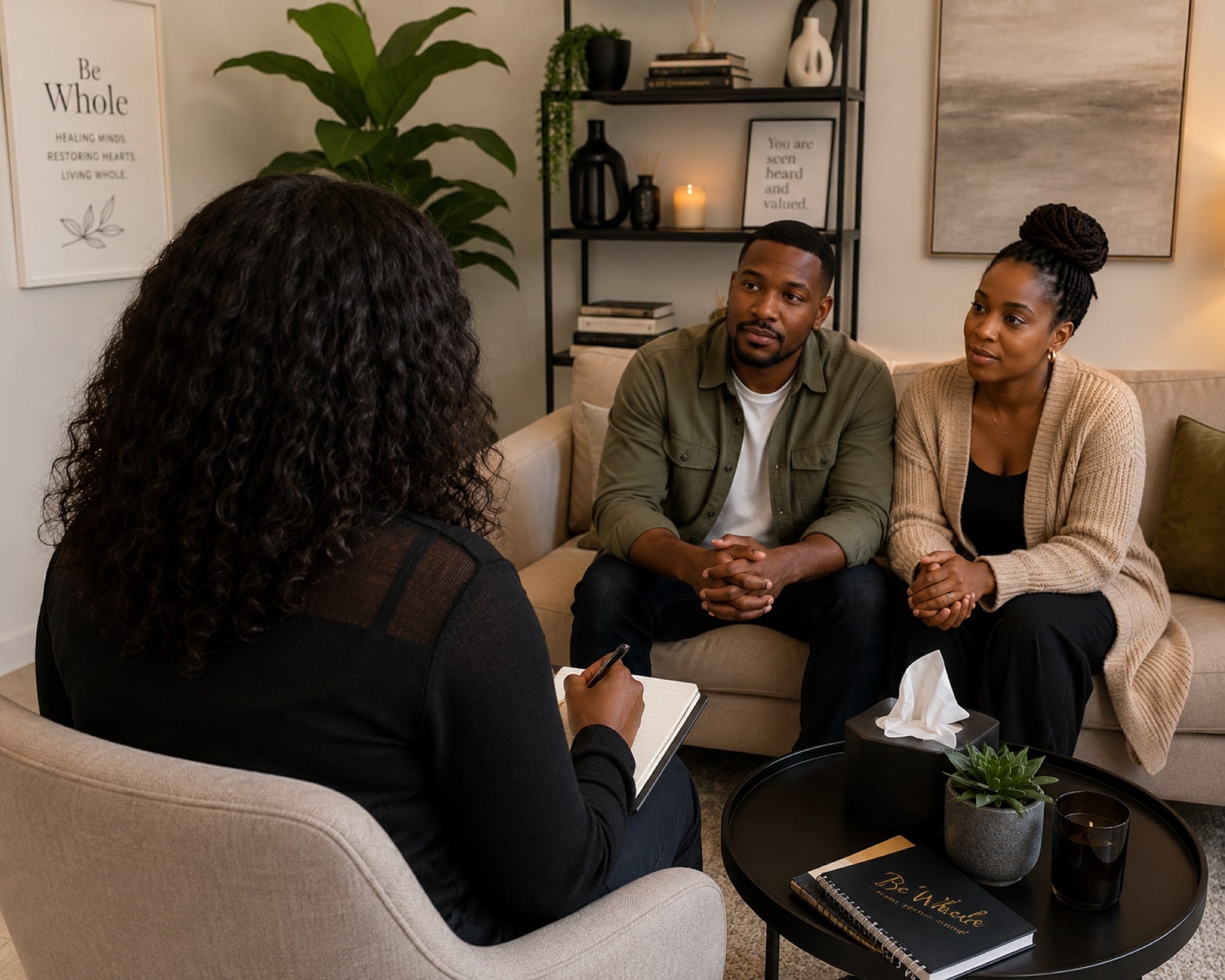 A couple sitting together on a sofa in a Be Whole Care consulting room, speaking with a practitioner.